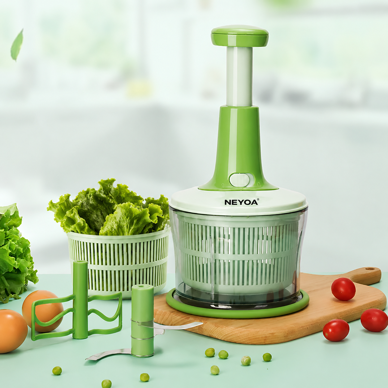 NEYOA Vegetable Chopper & Salad Spinner, Manual Food Chopper with Stainless Steel Blades, BPA-Free Kitchen Food Processor for Onions, Garlic, Vegetables, Fruits & Meal Prep
